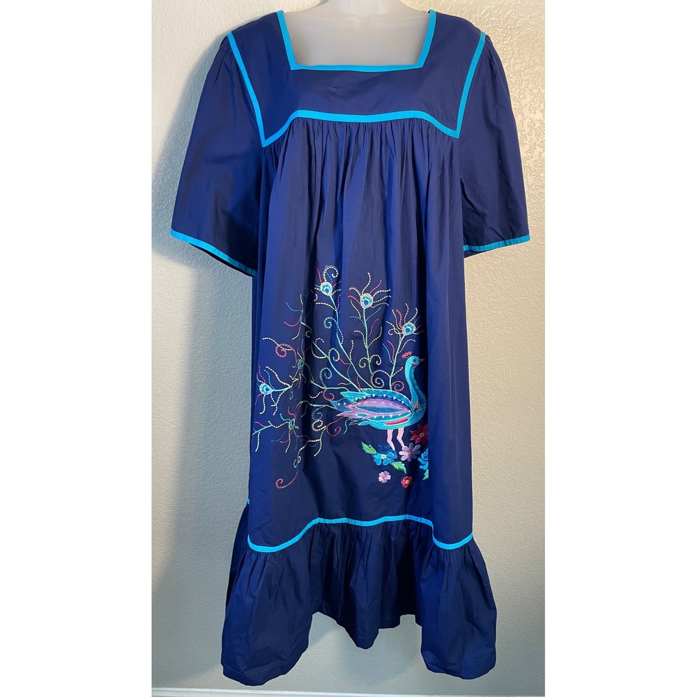 Bechamel II 2X Dress Blue Peacock Embroidered Cotton Ruffle Midi Muumuu NEW